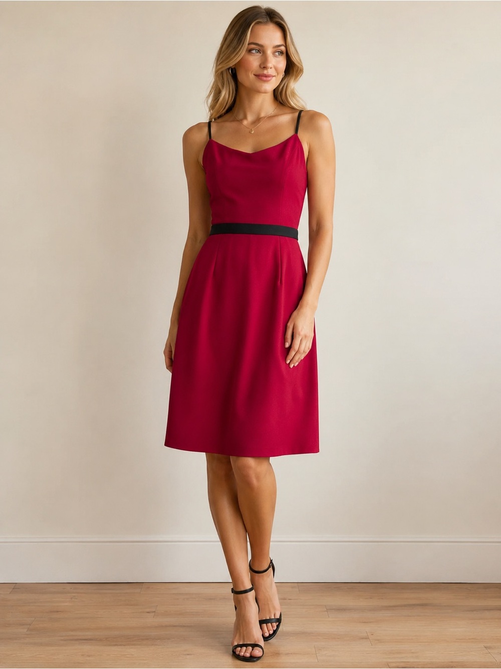 Dress the Population Red Midi Dress with Black Waistband